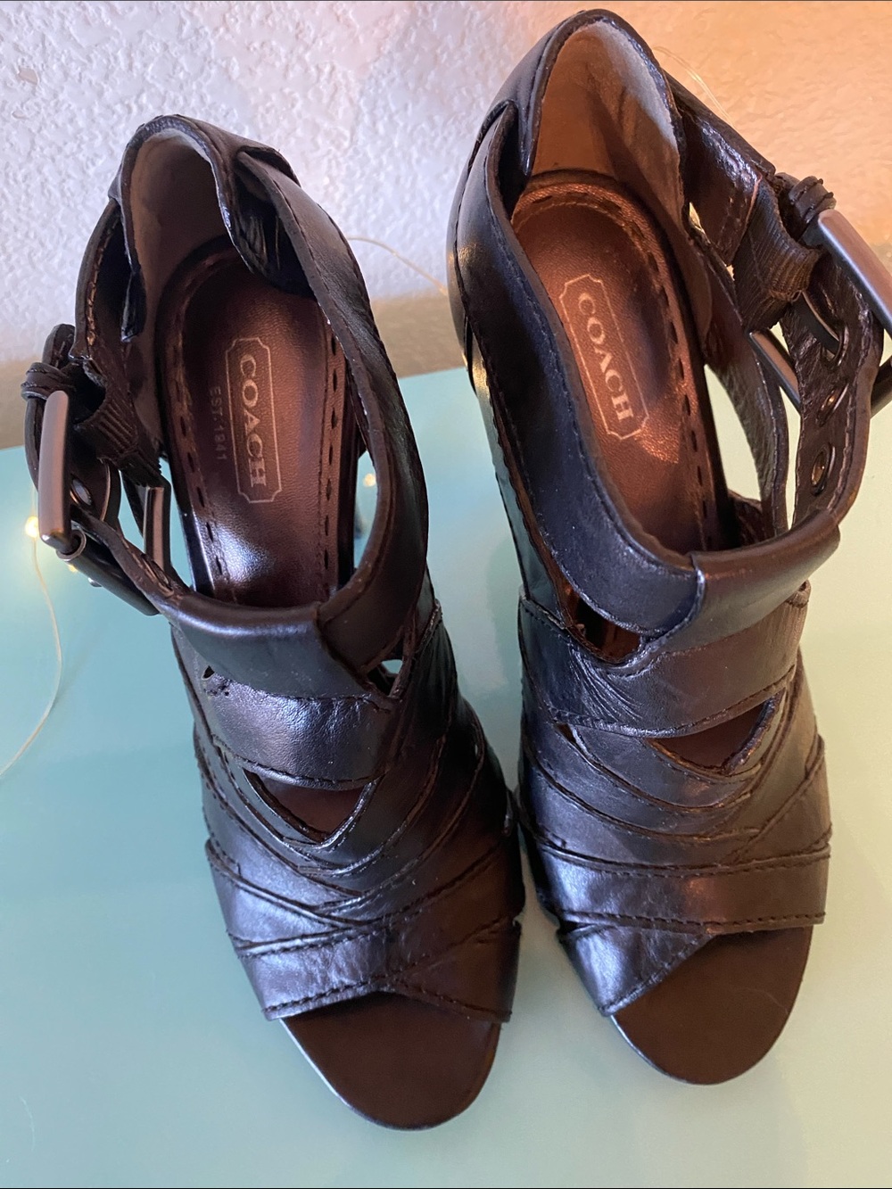 Coach Black Leather Strappy Peep-Toe Heels with Buckle - Picture 3 of 13